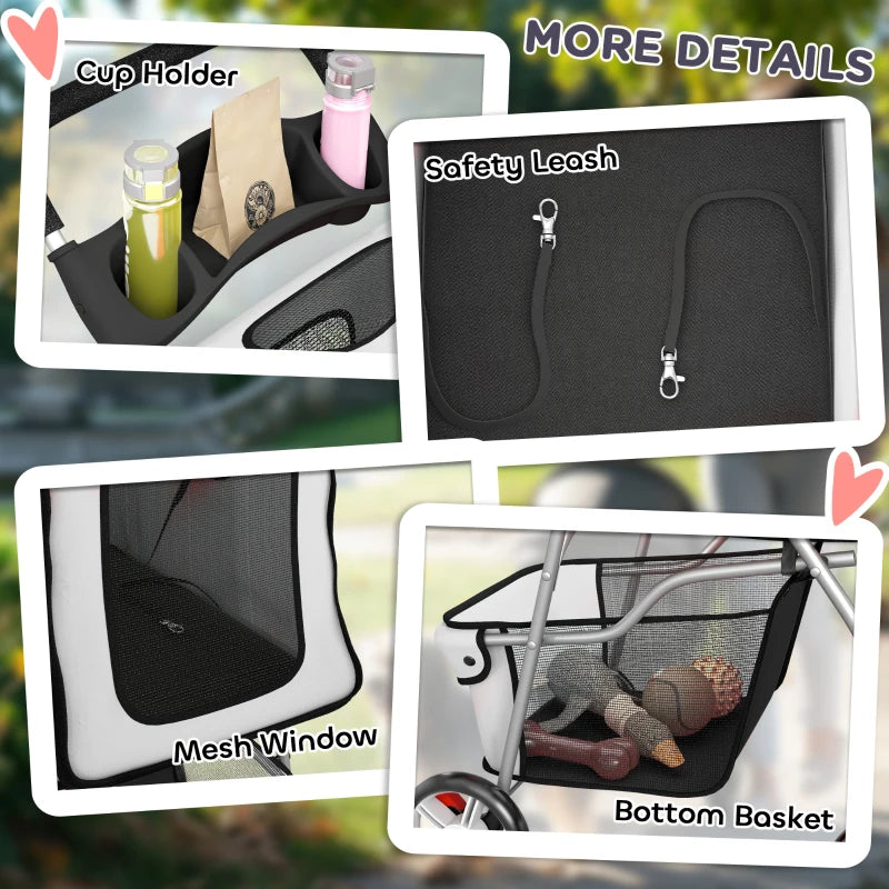 Pet Stroller for Dogs & Cats, Foldable Dog Stroller with Wheels, Reflective Strips, Brake, Pad and Basket, Grey