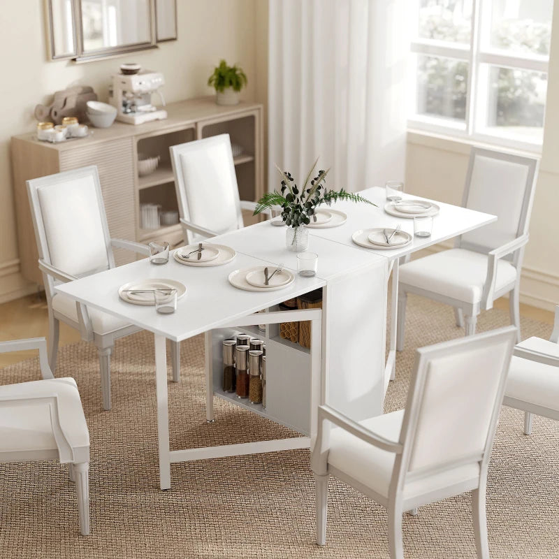Multi-use Foldable Table with Hideaway Shelves, Drop Leaf Table for Kitchen, Dining, Study and Office, White