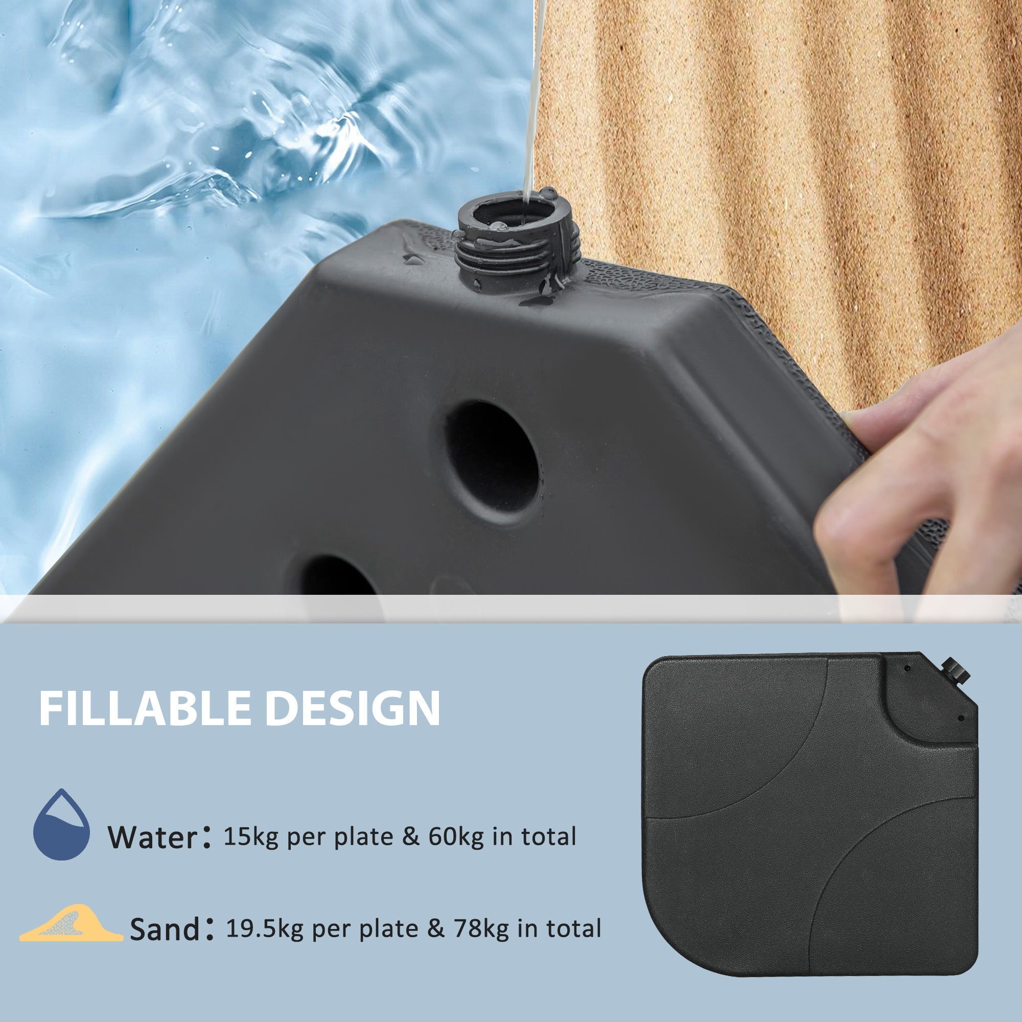 Outsunny 4-Piece Umbrella Base Stand: U-Locking 132lb Water 172lb Sand Capacity Black
