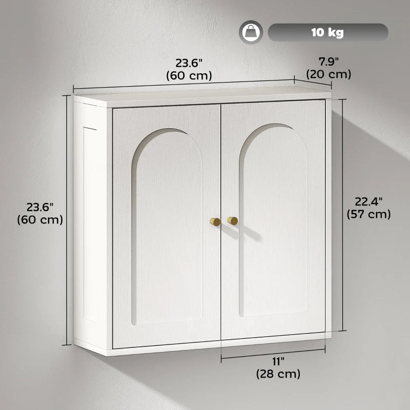 Medicine Cabinet, Modern Bathroom Wall Cabinet with 2 Arched Doors and Gold Handles, White Wood Grain