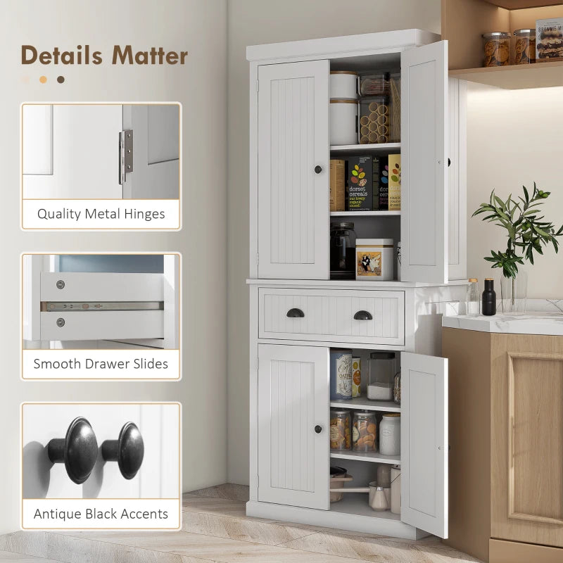 72" Kitchen Pantry, Freestanding Storage Cabinet with Adjustable Shelves, Drawer, Doors, Anti-tip Design, White
