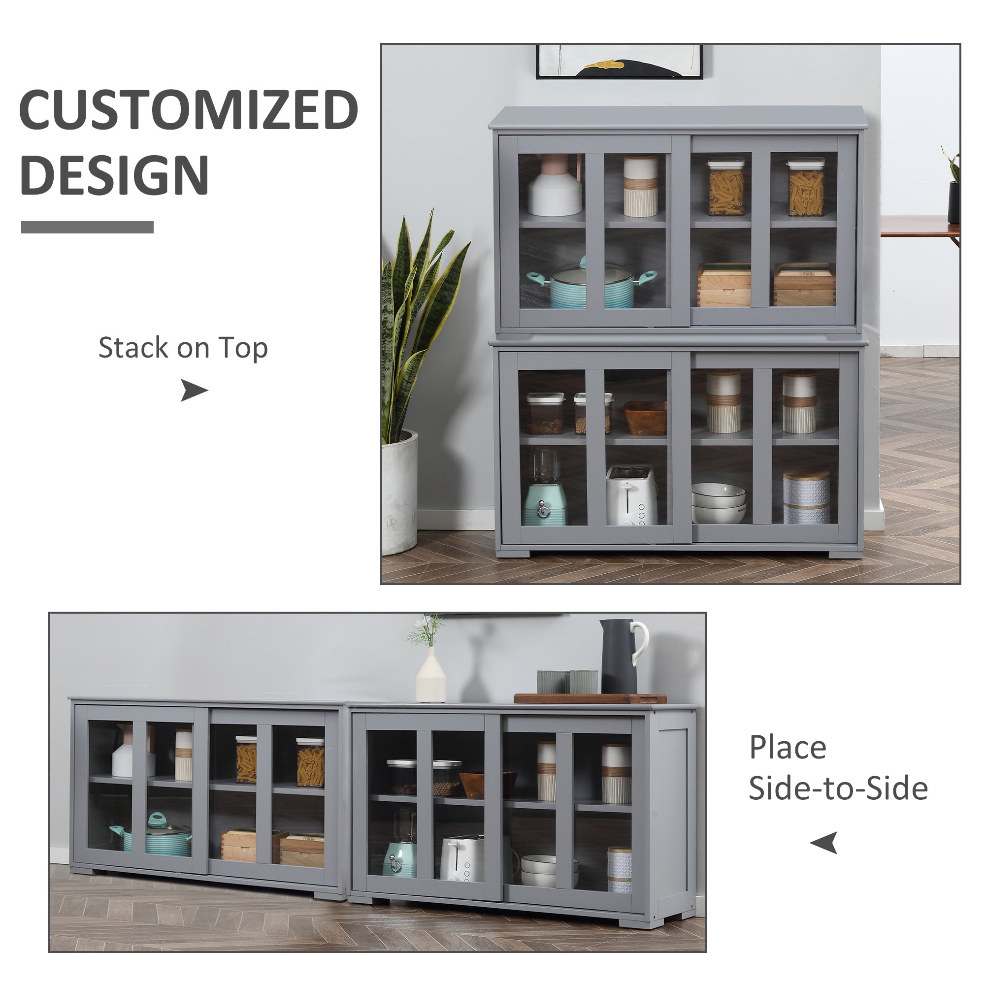 HOMCOM Versatile Kitchen Sideboard Stackable Storage Cabinet Sliding Glass Door Console Serving Buffet Dining Room