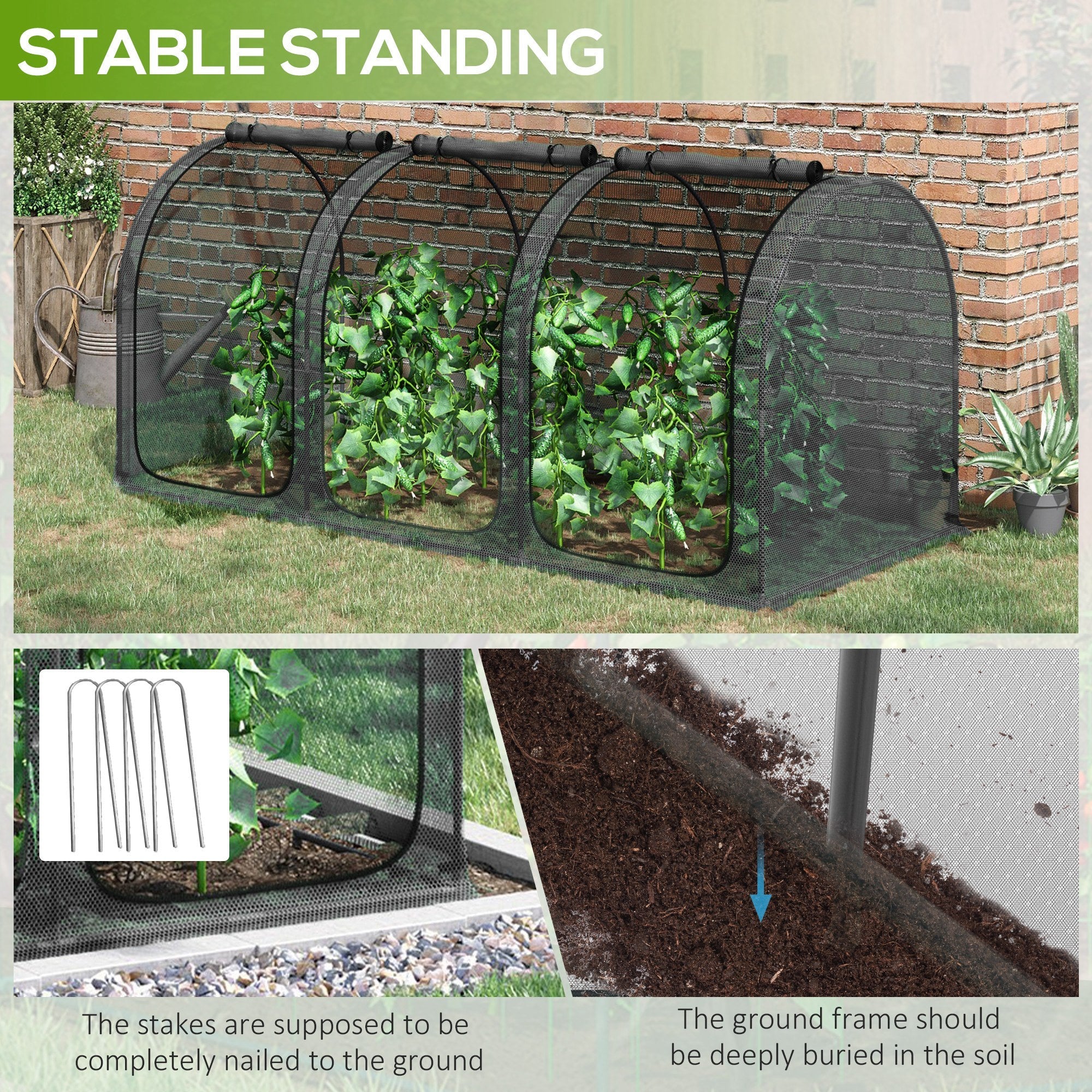 Outsunny 9' x 4' Crop Cage, Garden Plant Protector, with 3 Zippered Doors and 6 Ground Stakes, for Garden, Yard, Lawn, Black