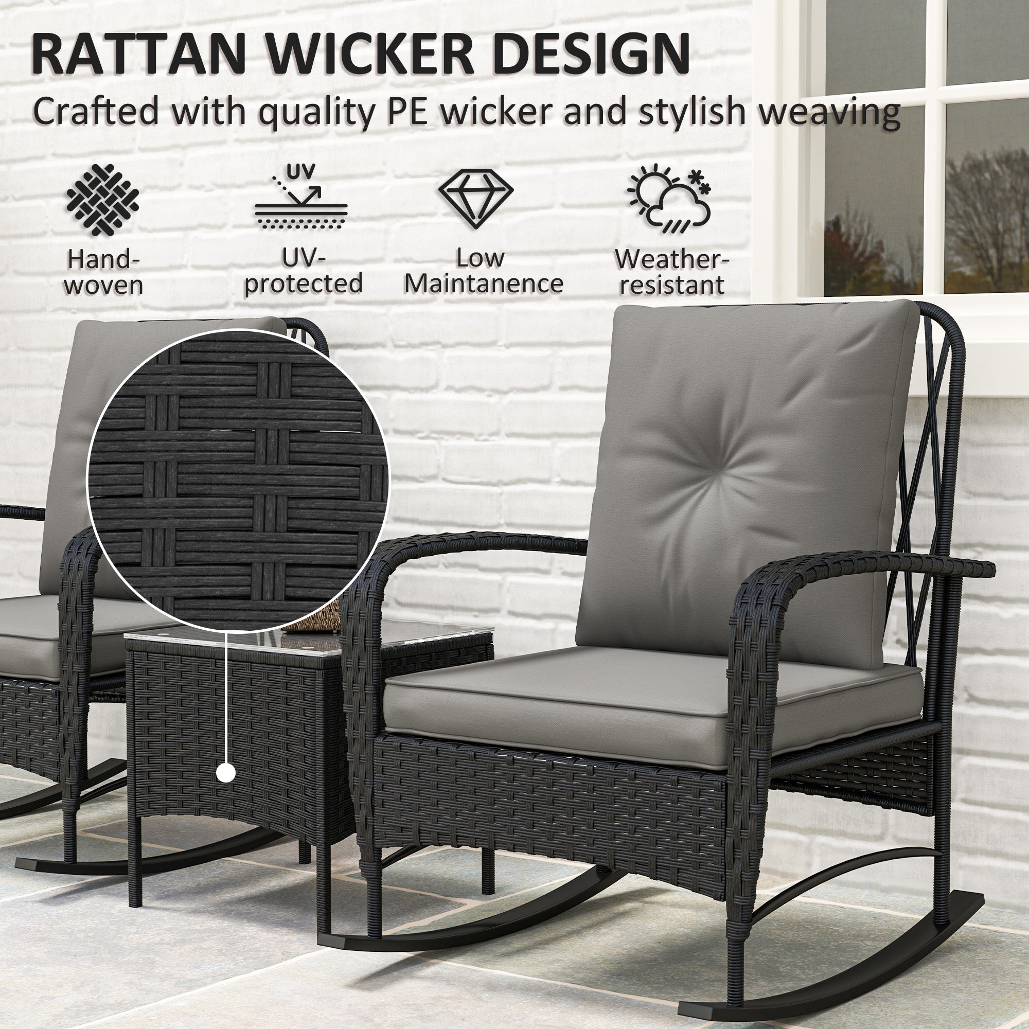 Outsunny 3 Pieces Rattan Bistro Set, Wicker Patio Furniture with Rocking Chairs, Thick Cushions for Porch Balcony, Grey