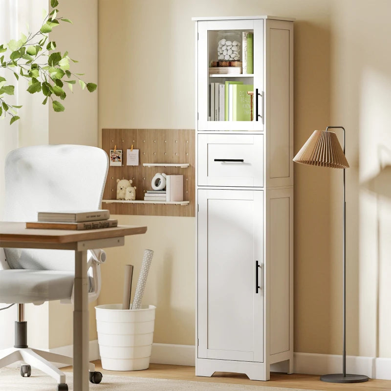 67" Tall Bathroom Storage Cabinet, Freestanding Narrow Bathroom Cabinet with Adjustable Shelves, Glass Door and Drawer