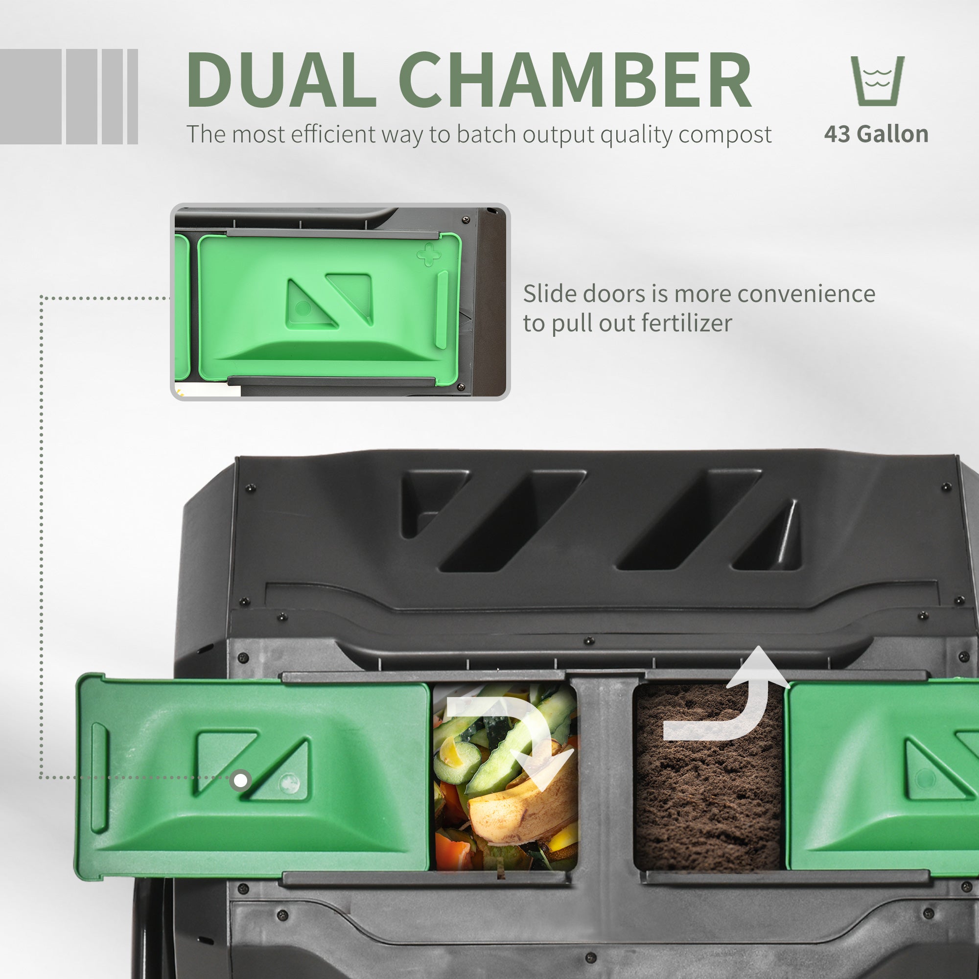 Outsunny Tumbling Compost Bin Outdoor Dual Chamber 360° Rotating Composter 43 Gallon w/ Sliding Doors & Solid Steel Frame, Green