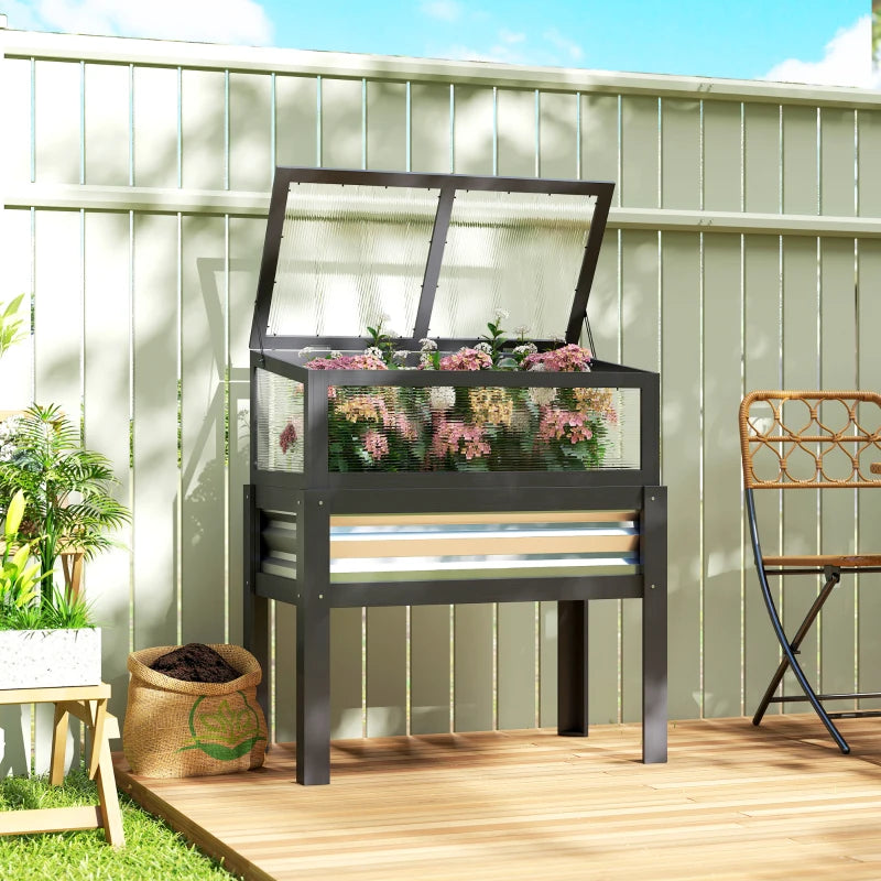 Raised Garden Bed with Flip-Up Greenhouse Top, Wooden Elevated Planter Box with Legs and Liner, Grey