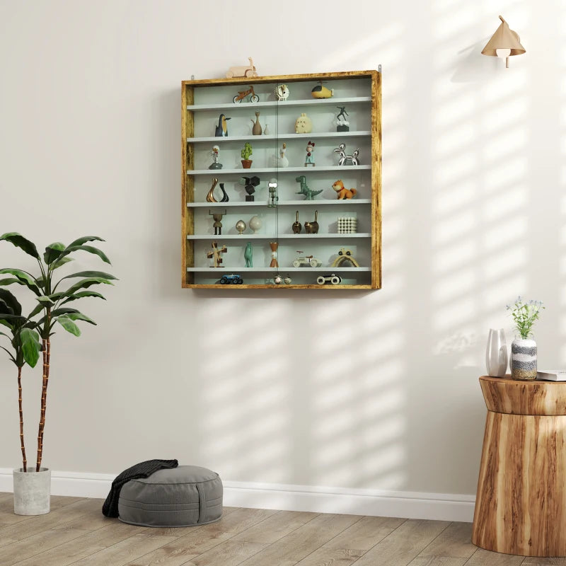 7-Tier Display Cabinet, Shot Glass Display Case, Glass Curio Cabinet with 2 Glass Doors, Oak and White