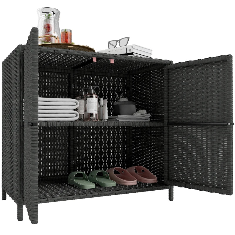 Wicker Outdoor Storage Cabinet Double Magnetic Doors, PE Rattan Outdoor Towel Rack for Pool, Patio, Dark Grey