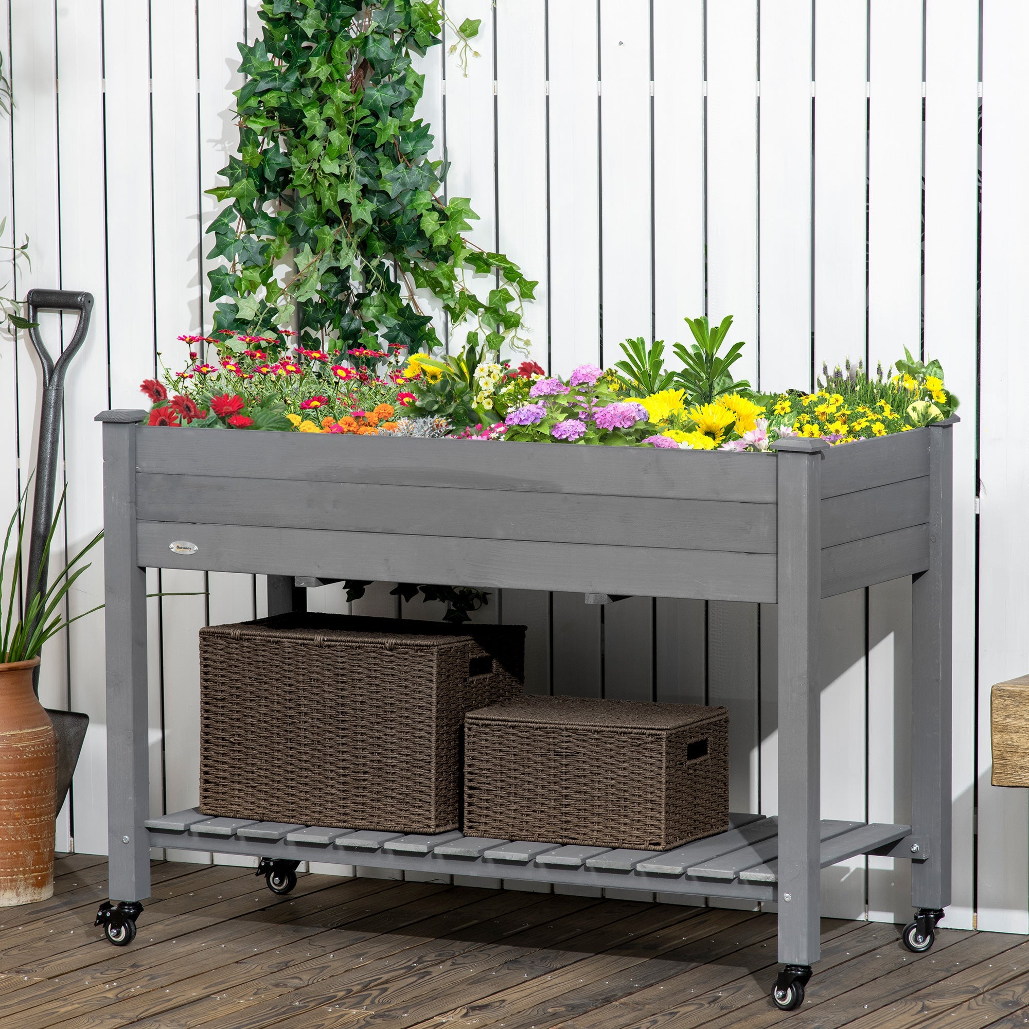 Outsunny Elevated Mobile Garden Bed - Dark Grey Wood Planter Box with Lockable Wheels & Storage Shelf for Herbs & Vegetables