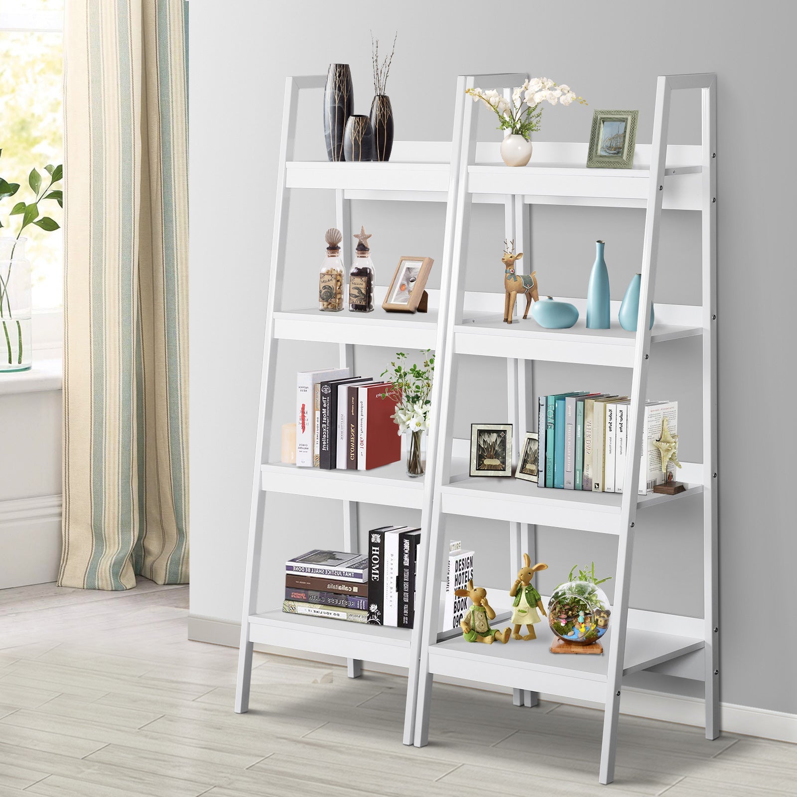 HOMCOM 4 Tier Ladder Shelf Bookcase Set of 2 White Display Rack Storage Shelving Unit Flower Plant Stand Multi-Use