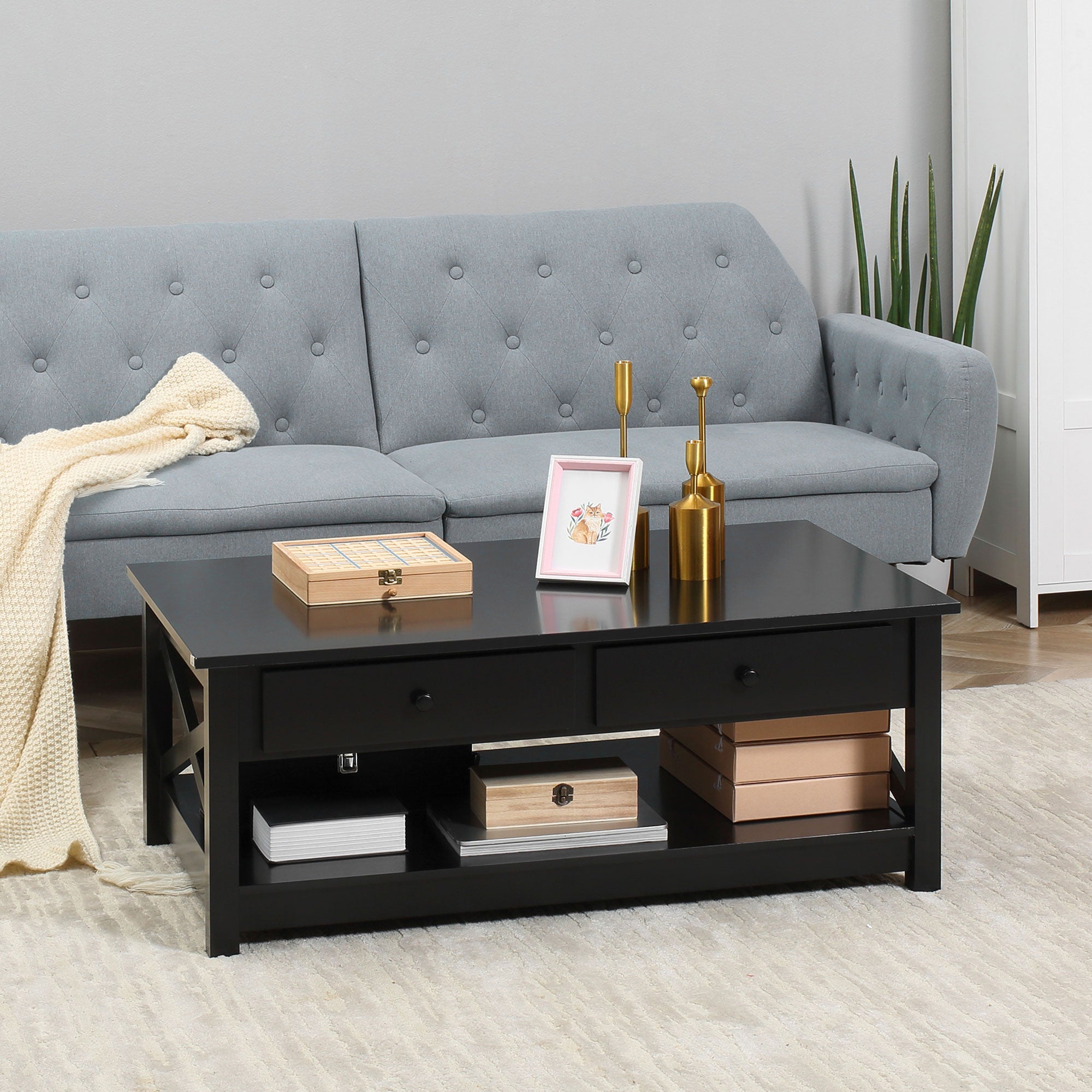 HOMCOM Black Coffee Table with Drawers: Modern Centre Table with Storage Drawers, Open Shelf for Living Room