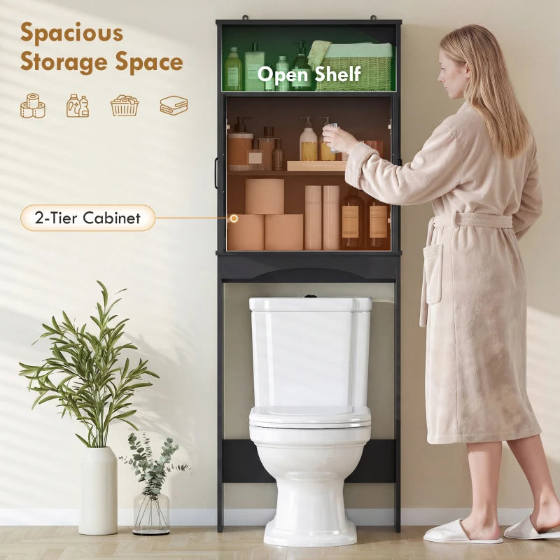 Over the Toilet Storage Cabinet Freestanding Bathroom Organizer with 2 Doors and Open Shelf Black
