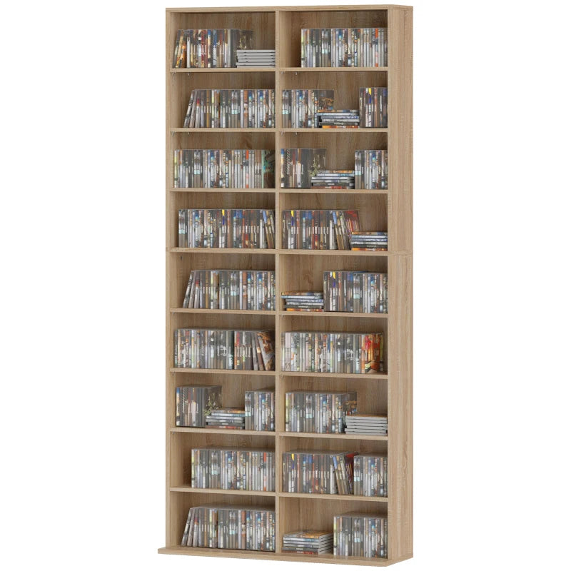 9-Tier DVD Shelf with 18 Compartments and 14 Adjustable Shelves, Holds 640 CDs, 360 DVDs or 430 Blu-rays, Natural Wood