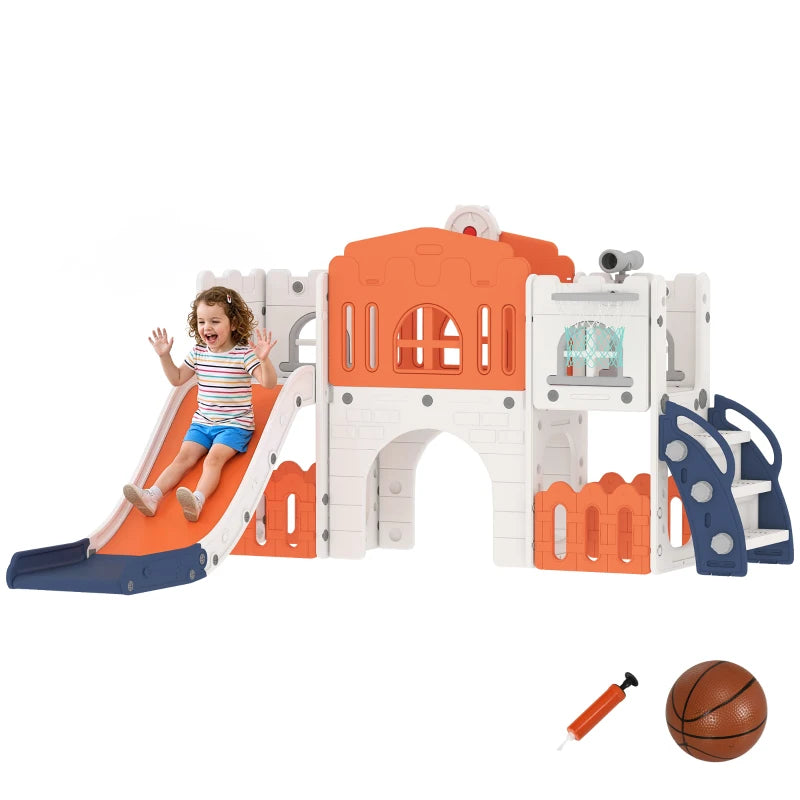 Qaba 7 in 1 Toddler Slide with Basketball Hoop, Climber, Telescope, Tunnel, Steering Wheel, for 1-3 Years, Orange
