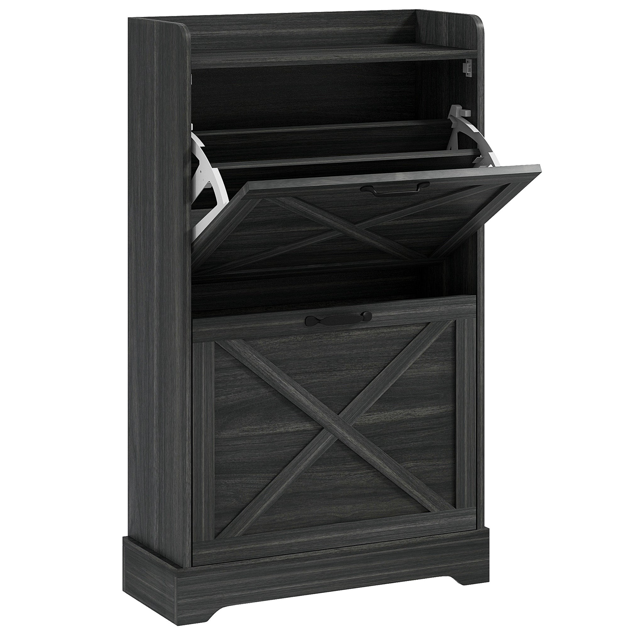 HOMCOM Slim Shoe Storage Cabinet, Farmhouse Shoe Cabinet with 2 Flip Drawers, Adjustable Shelves for 8 Pairs, Distressed Grey