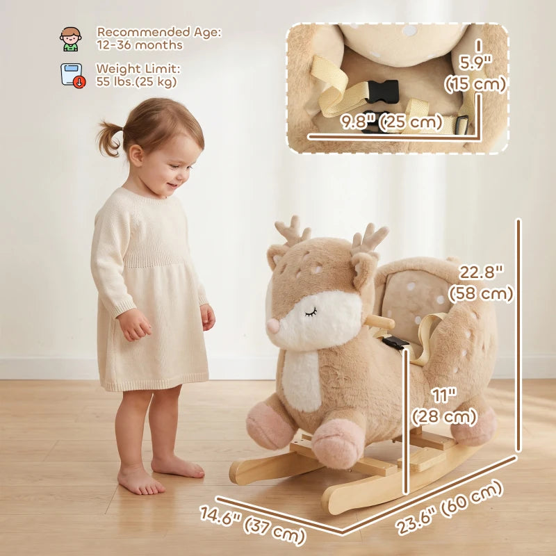 Toddler Deer Rocking Horse with Animal Sound, Safety Belt & Rocking Stopper – Brown