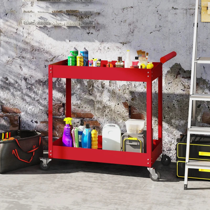 Rolling Tool Cart, 2 Tier Mobile Service Utility Cart with Wheels, Red
