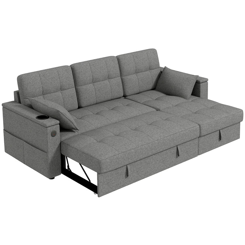 Convertible Sectional Sofa Bed, Pull Out Sleeper Sofa Couch with USB‑A+C, Chaise Storage, L-Shaped Futon Couch, Grey