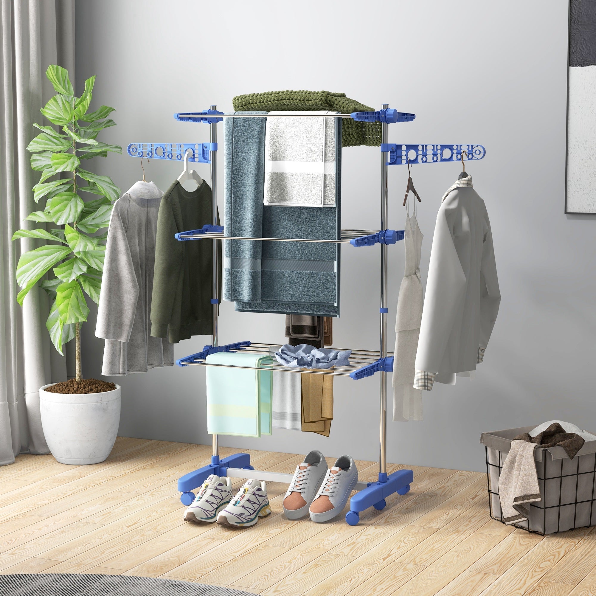 HOMCOM Clothes Drying Rack 3-Tier Stainless Steel Laundry Rack with Side Wings 6 Castors Blue