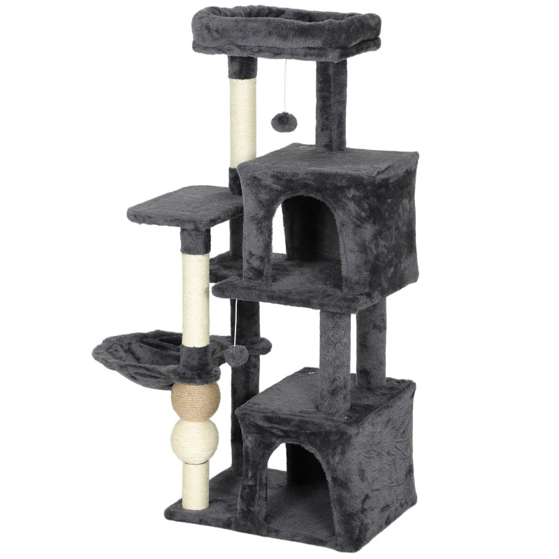 Cat Tower, 42" Multi-Level Cat Tree with Padded Plush Perch, Hammock, 2 Door Condos, Scratching Posts, Toy Balls