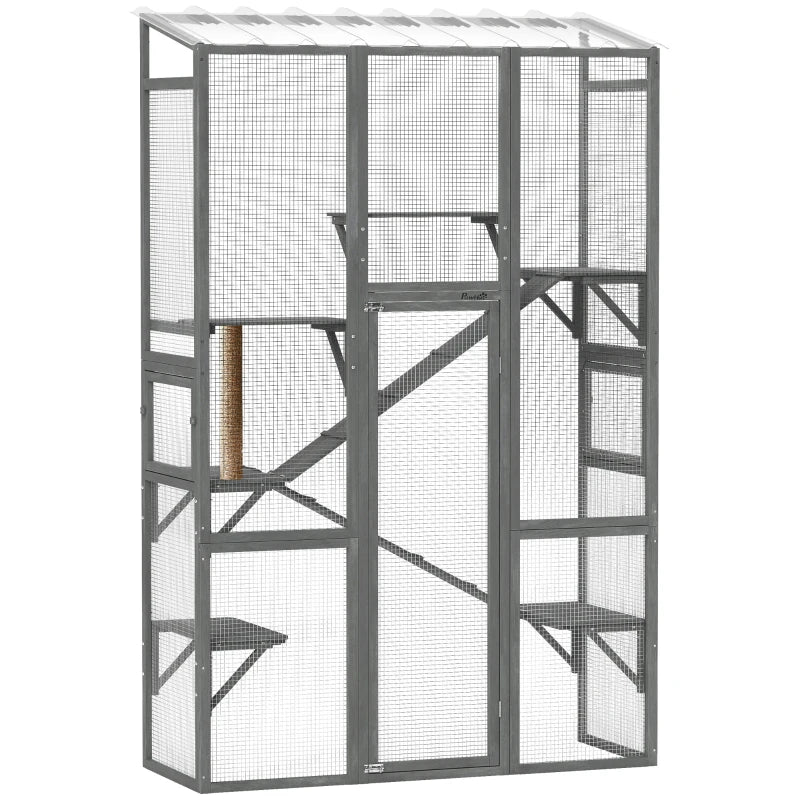 Wooden Catio Outdoor Cat Enclosure with 6 Jumping Platforms, Scratching Post, 2 Ramps, Waterproof Roof, Grey