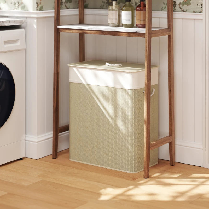 Double Laundry Basket with Lid, 100L Bamboo Laundry Hamper with Rope Handles and Removable Bags, Natural