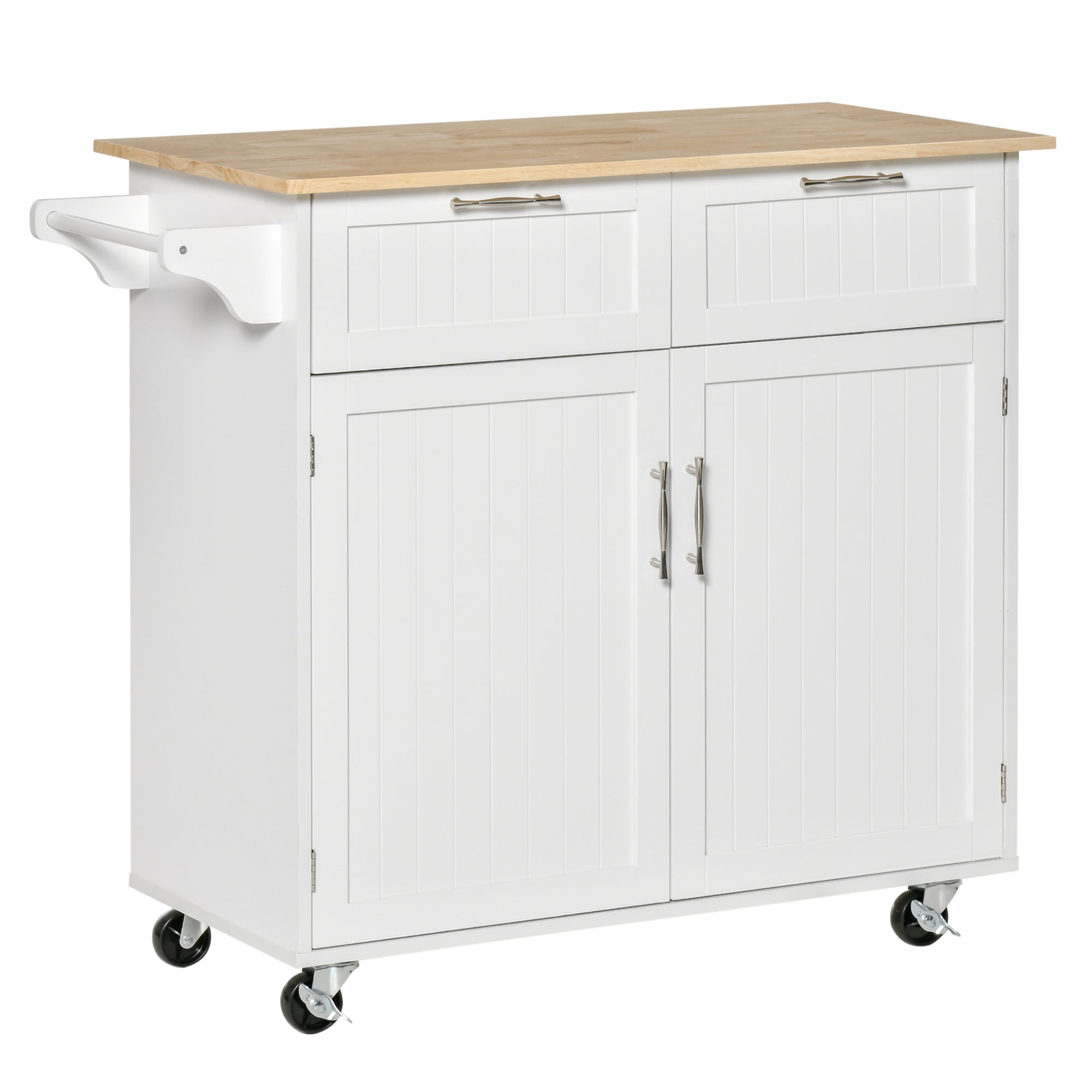 HOMCOM White Mobile Kitchen Island: Rubber Wood Top Cart with Storage Drawers, Cabinet & Towel Rack