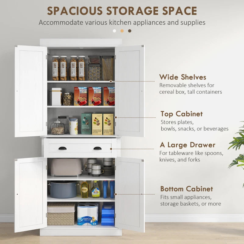 72" Tall Pantry Cabinet, Kitchen Storage Cabinet with 4 Doors, Drawer and 2 Adjustable Shelves, White