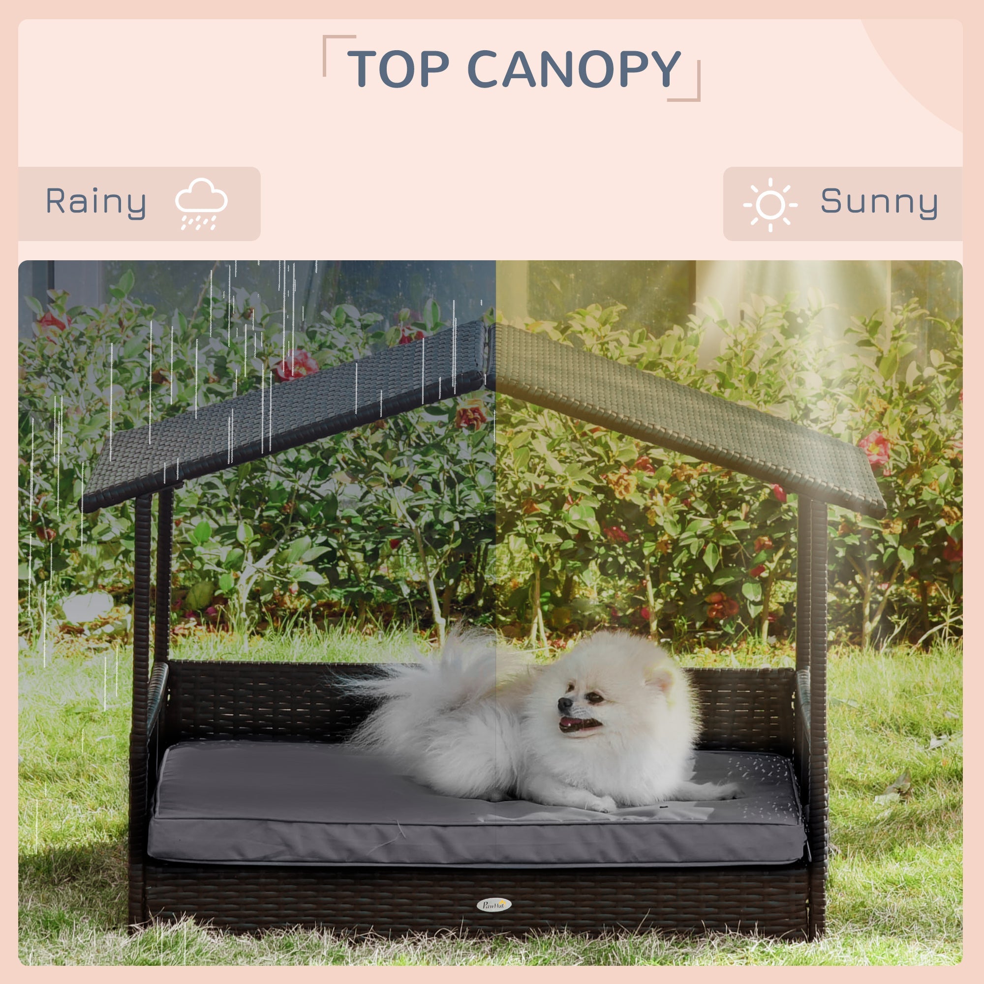 Outsunny PawHut Elevated Rattan Dog Bed Pet Home Indoor Outdoor Wicker Dog Cot Dog House Sofa Bed w/ Padded Cushion Roof Shelter Grey