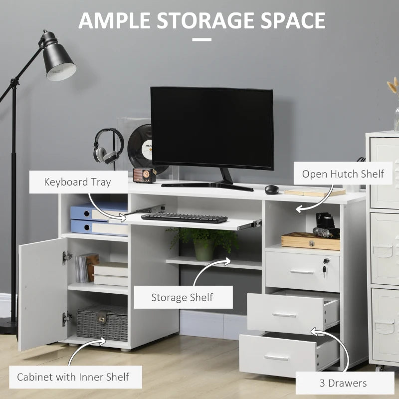 Computer Desk with Keyboard Tray and Drawers, Writing Desk, Home Office Workstation, White