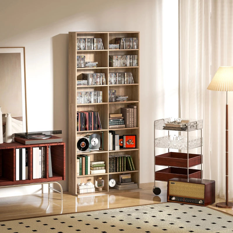 9-Tier DVD Shelf with 18 Compartments and 14 Adjustable Shelves, Holds 640 CDs, 360 DVDs or 430 Blu-rays, Natural Wood