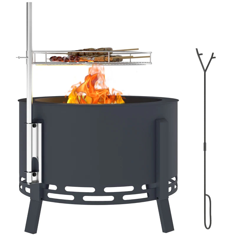 Outdoor Fire Pit, Round Firepit with Grill Grate, Fire Bowl with Ash Catcher and Poker for Backyard Camping Bonfire Picnic, Black