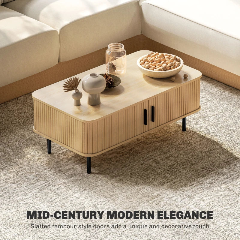 Coffee Table with Storage, Nordic Side Table with Fluted Tambour Sliding Doors and Steel Legs for Living Room, Oak