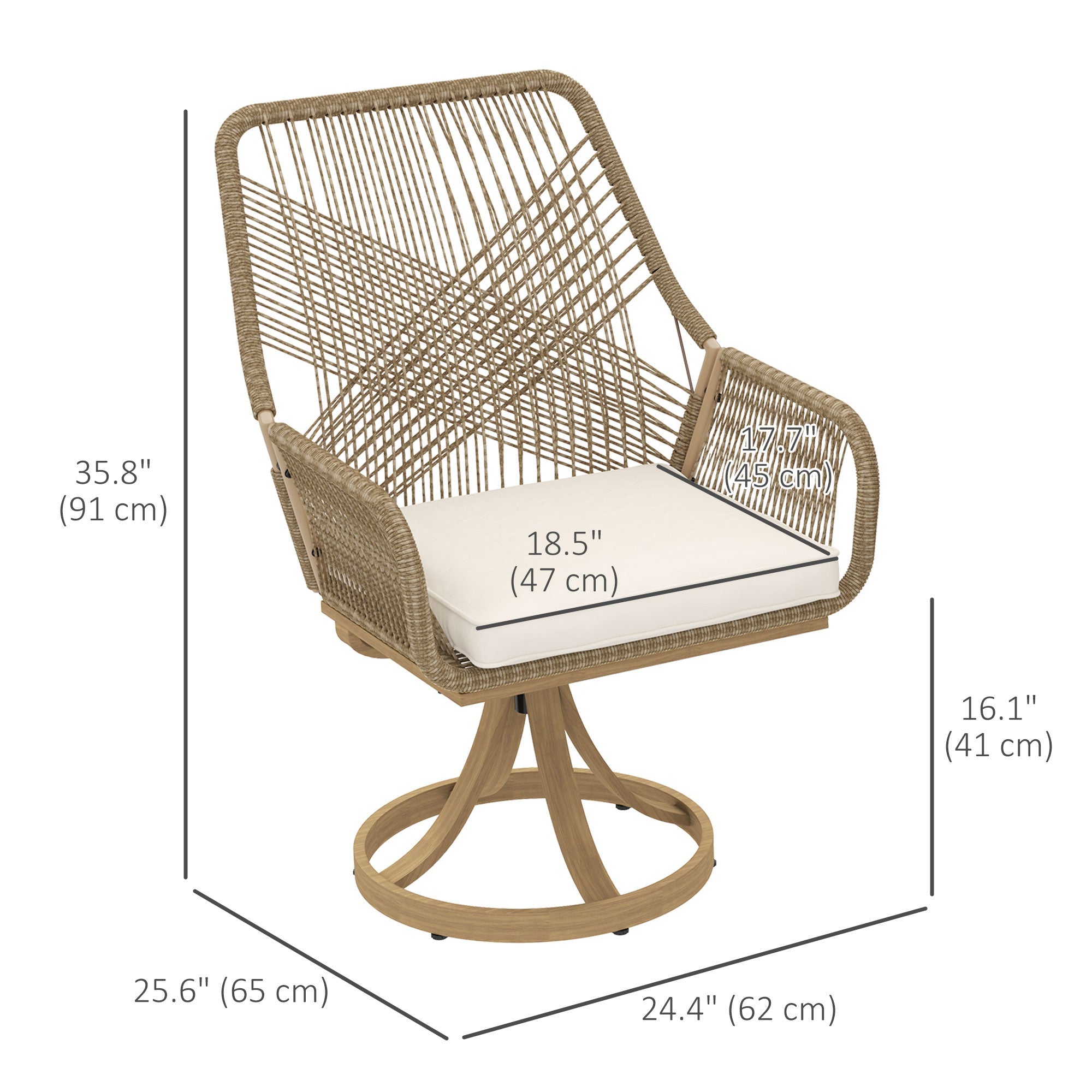 Outsunny Outdoor Swivel Dining Chairs Set of 2, Patio Rattan Chairs with Soft Cushions for Garden, Backyard, Poolside, Khaki