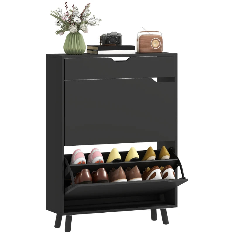 Narrow Shoe Cabinet for Entryway with 2 Flip Drawers, Top Drawer and Adjustable Shelves for 12 Pairs of Shoes, Black