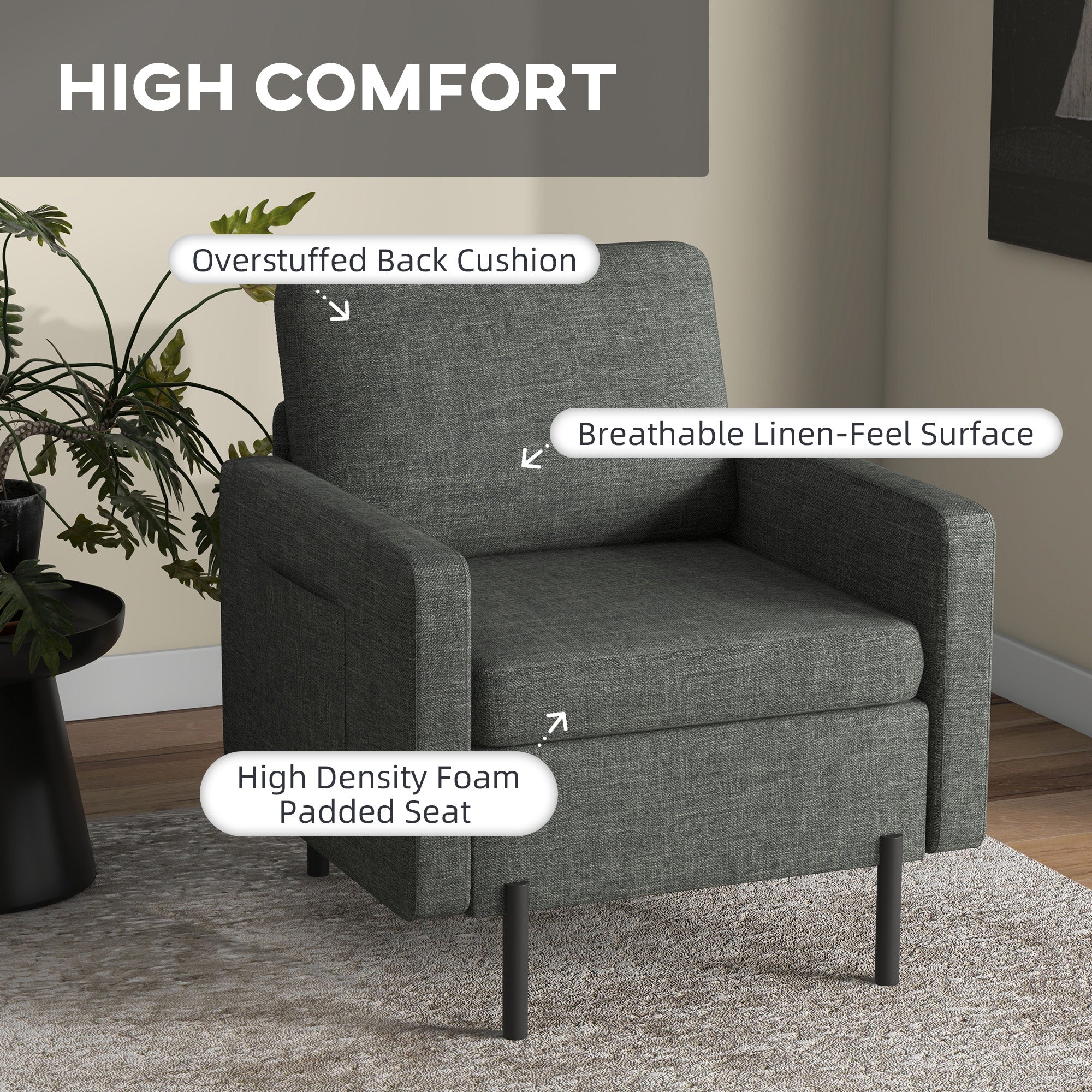 HOMCOM Cozy Armchair with Pockets: Fabric Upholstery on Sleek Metal Frame, Charcoal Grey