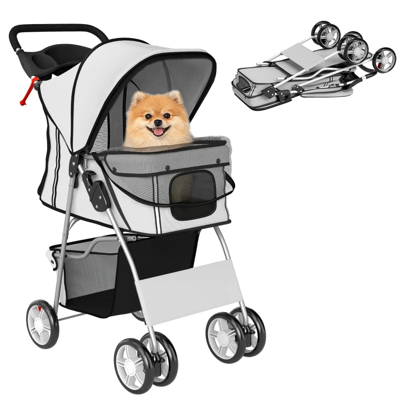 Pet Stroller for Dogs & Cats, Foldable Dog Stroller with Wheels, Reflective Strips, Brake, Pad and Basket, Grey