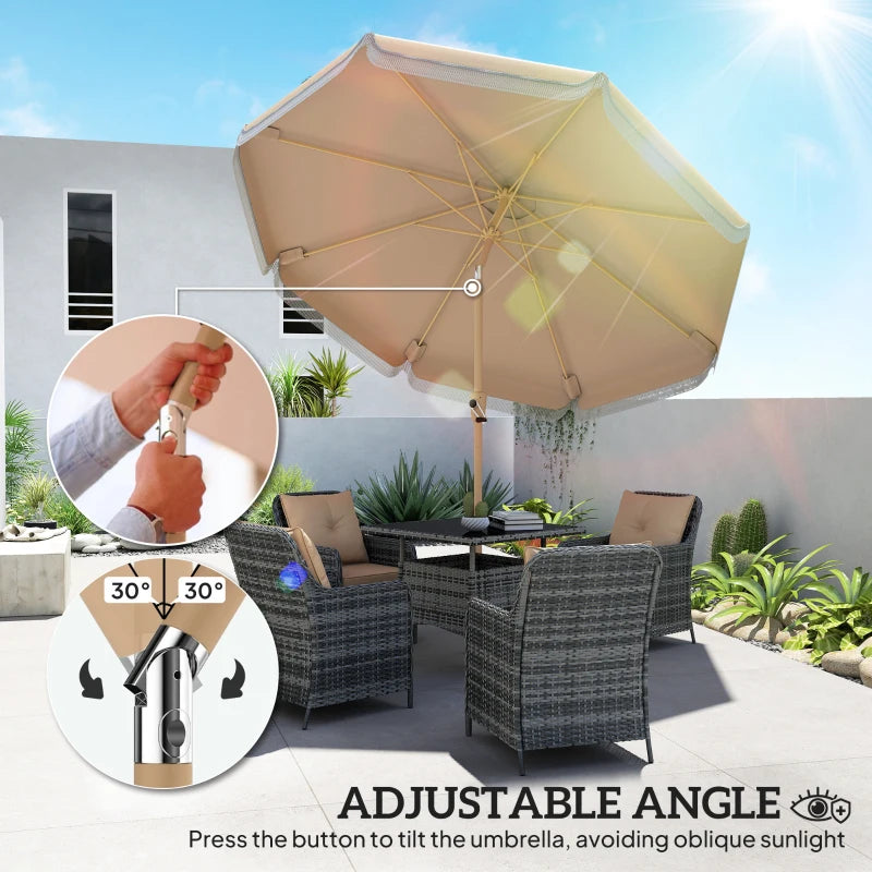 9 ft Patio Umbrella with Push Button Tilt and Crank, Fringed Outdoor Market Table Umbrella Parasol, Khaki