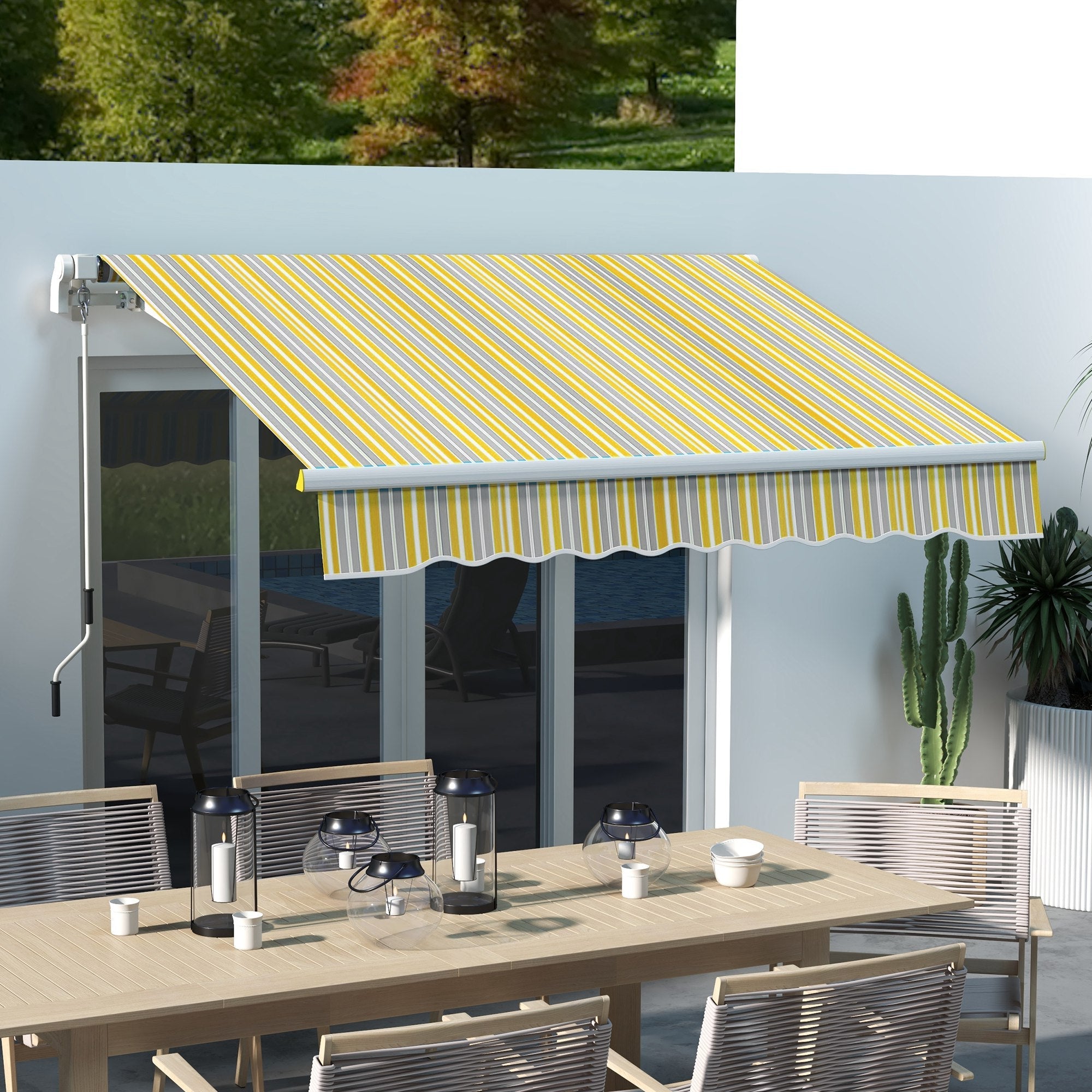 Outsunny 8' x 6.5' Manual Retractable Patio Awning LED Lights Aluminum Sun Shade Canopy Door Window Yellow Grey