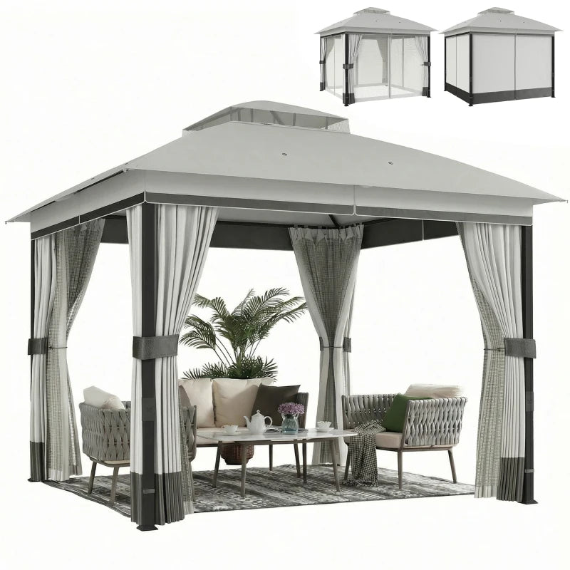 10' x 10' Patio Gazebo with Double Roof, Mesh Netting & Curtains, Steel Frame Outdoor Garden Gazebo, Light Grey