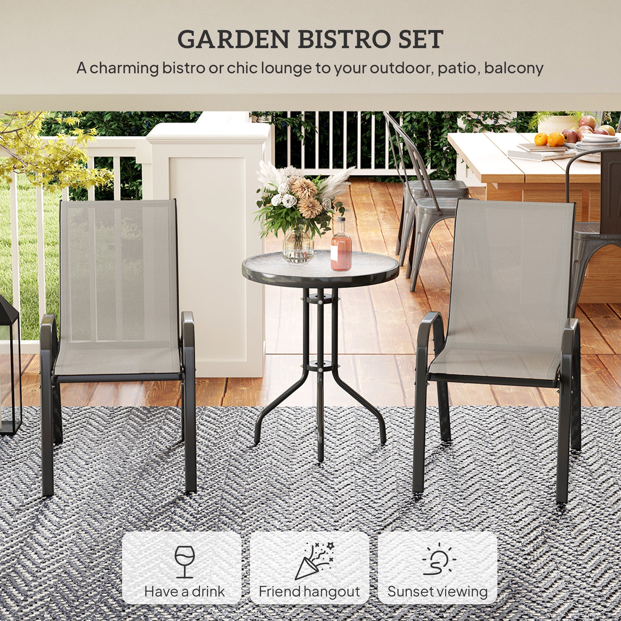 Outsunny 3 Pieces Bistro Set, Small Patio Furniture Set with Stackable Mesh Chairs, Glass Table for Garden, Balcony, Light Grey