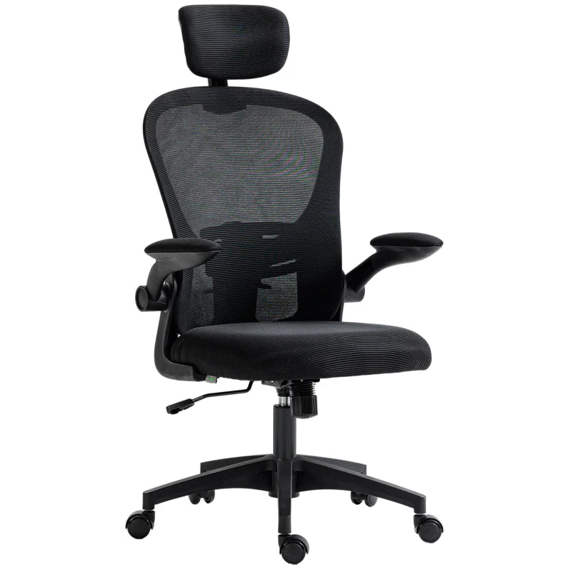 Office Chair, Mesh Computer Desk Chair with Adjustable Headrest, 4D Lumbar Support, Flip-up Arm, Black
