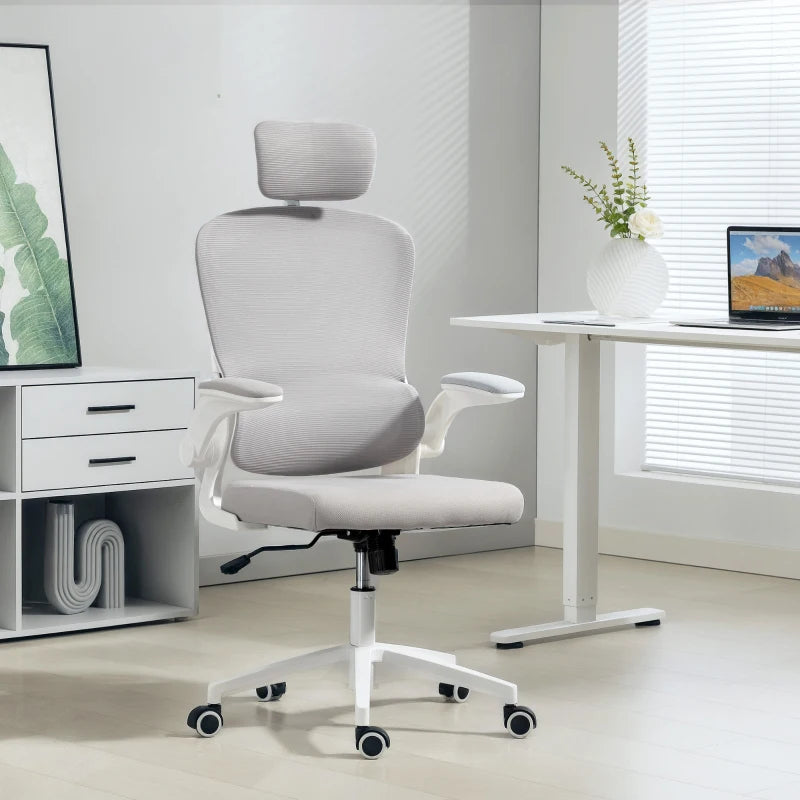 Ergonomic Mesh Office Chair, High Back Desk Chair with Rotatable Headrest, Flip-Up Armrests, Lumbar Support, Grey