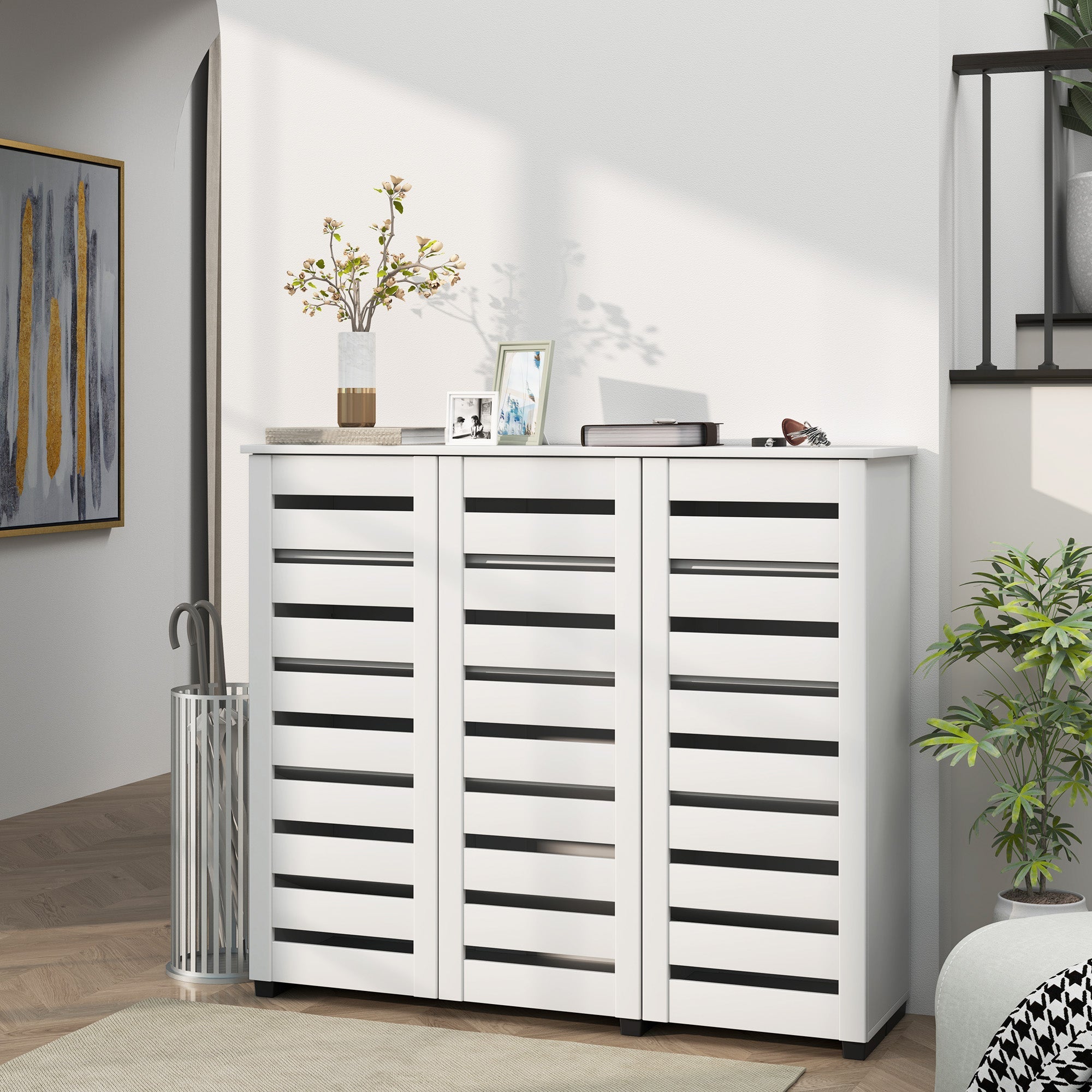 HOMCOM Narrow Shoe Cabinet with Slatted Doors, Adjustable Shelves for 20 Pairs of Shoes, Shoe Cabinet for Entryway, White