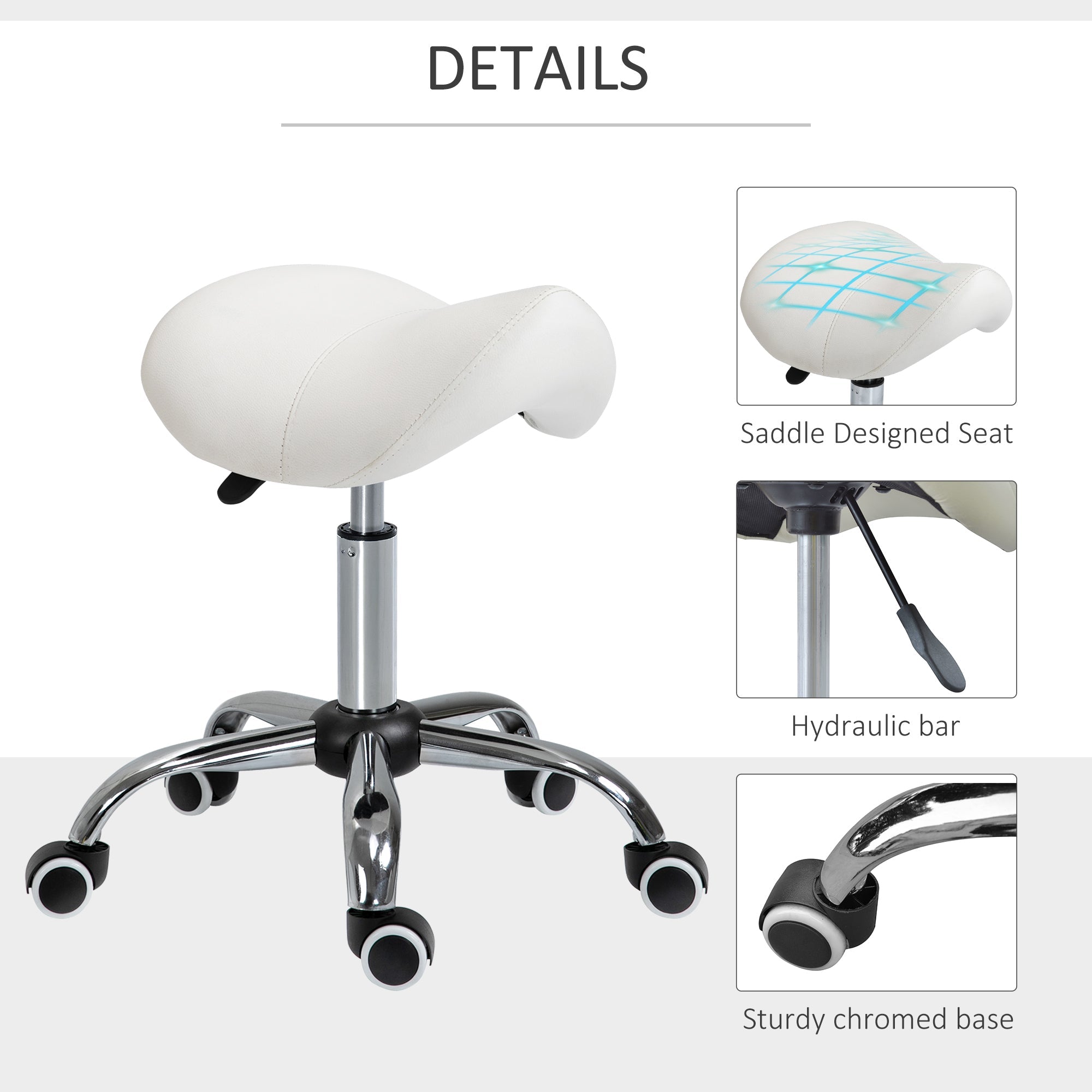 HOMCOM Cream White Rolling Salon Stool: Adjustable Hydraulic Swivel Saddle Chair, PU Leather Spa Beauty Seat
