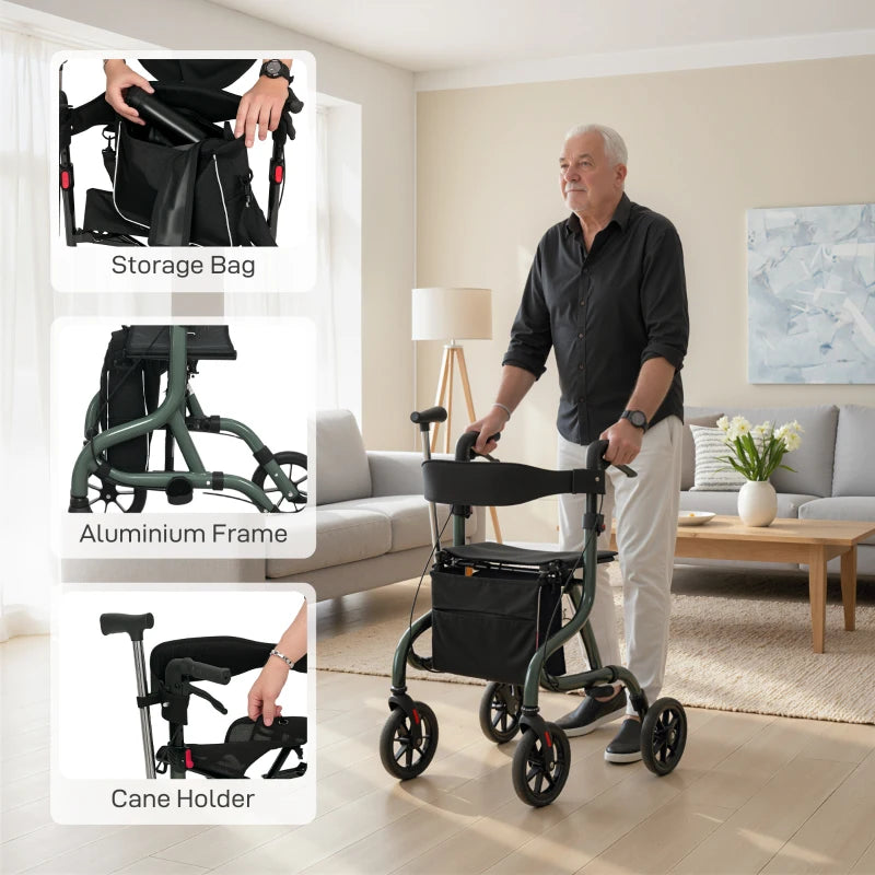Foldable Rollator Walker with Seat for Seniors, Lightweight Rolling Walker with Adjustable Handles, Green
