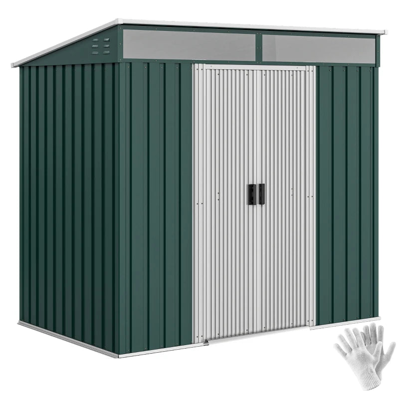 6.5x4FT Galvanised Metal Shed with Foundation Kit, Lockable Garden Tool Storage House with Sliding Doors, Vents, Green