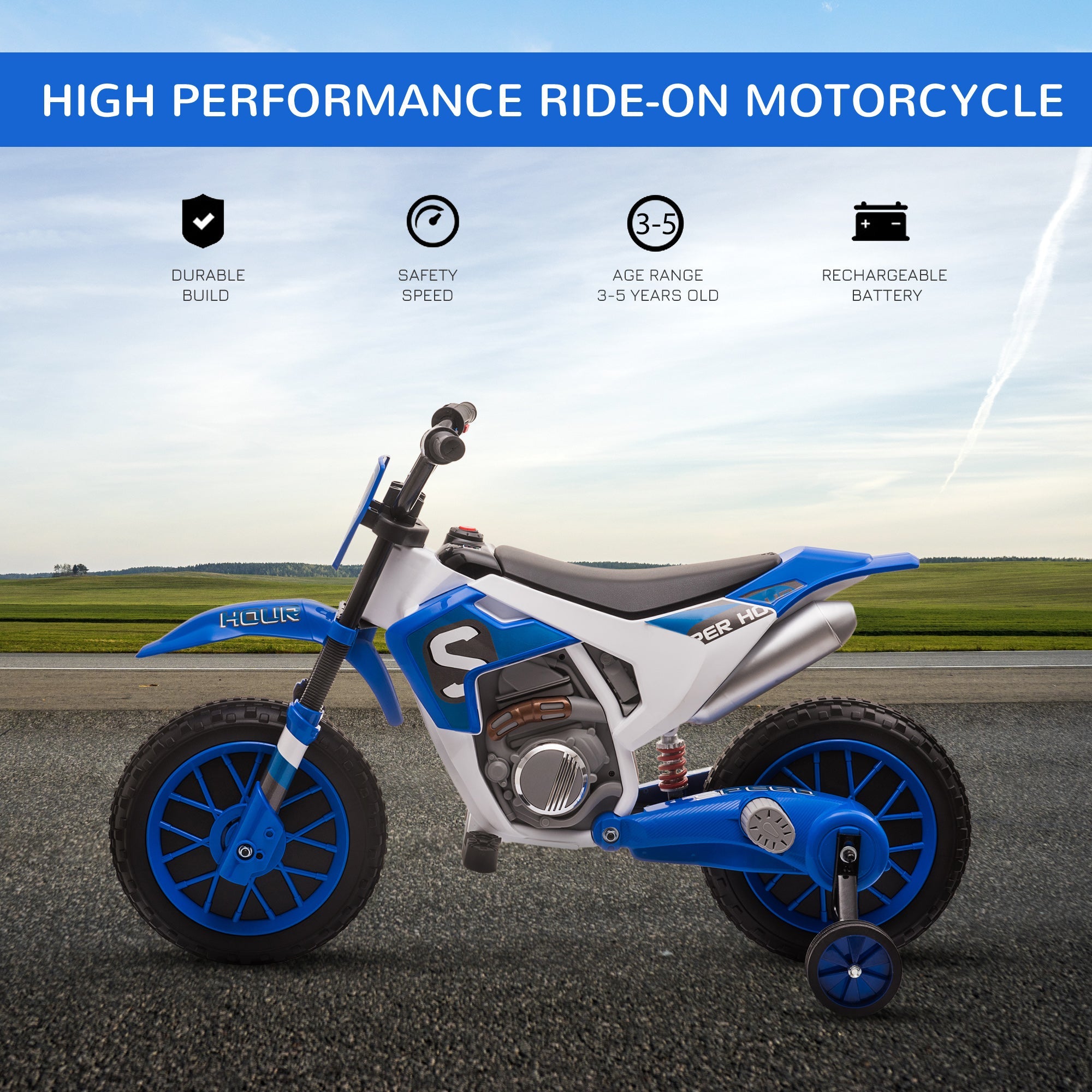 Aosom Kids Dirt Bike Electric Ride-On Motorcycle 12V Battery with Charging Training Wheels Blue