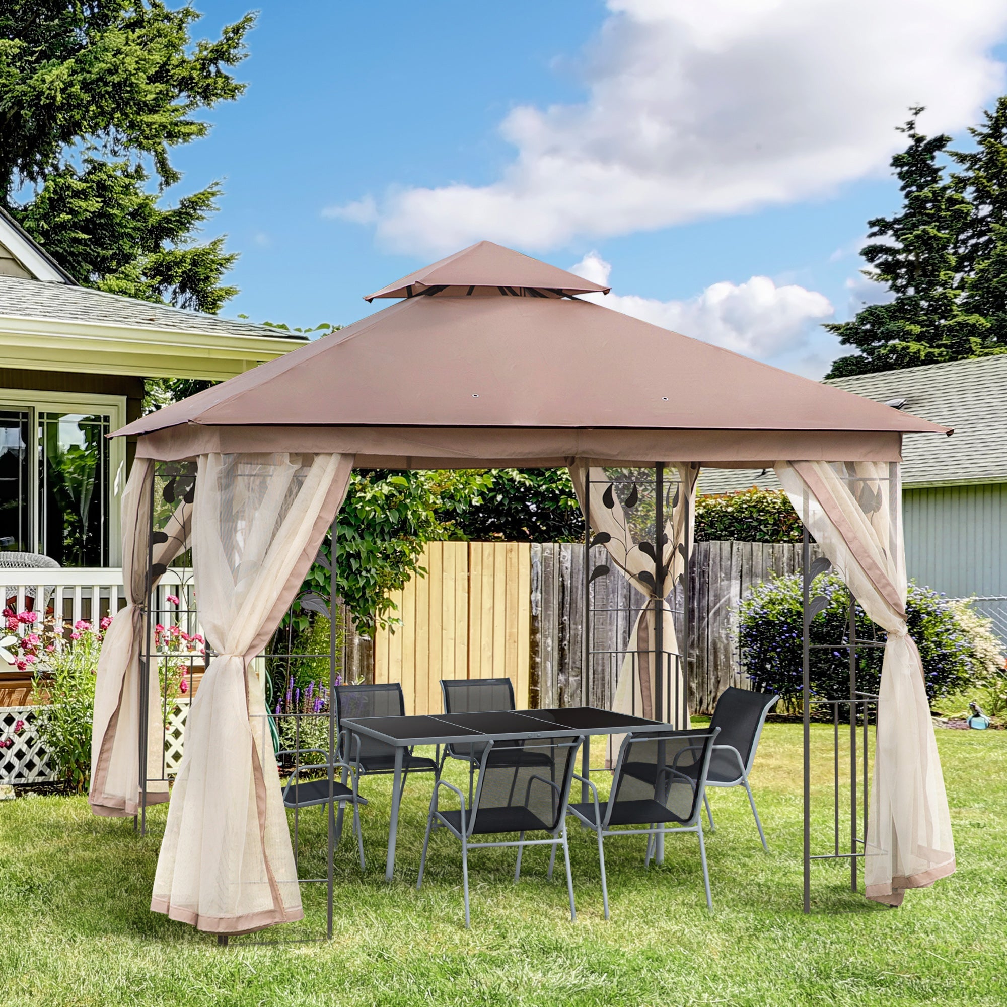 Outsunny 10'x10' Patio Gazebo Outdoor Canopy with 2-Tier Polyester Roof Mosquito Netting Brown